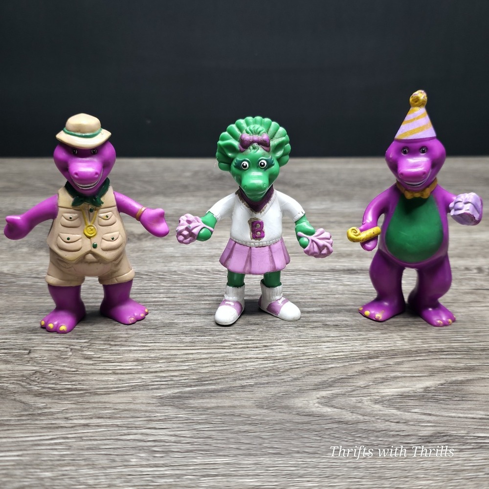 Vintage Lyons 1993 Barney Safari,  Baby Bop Cheerleader, And Barney Birthday